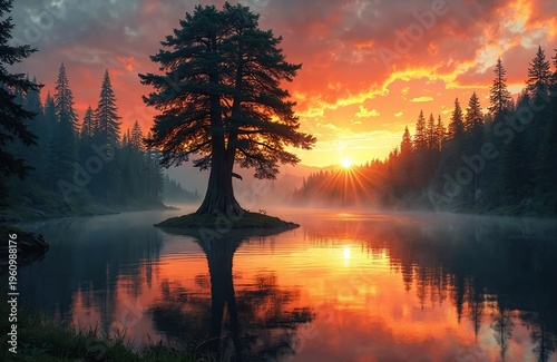 Large tree on island in calm lake at sunset. Water reflects fire sky clouds and sun rays. Mist hovers over tranquil forest reflecting fiery orange.