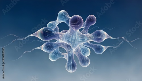 Abstract Microscopic Cell Structure with Tentacles, 3D Render of Biological Organism or Virus on Blue Background