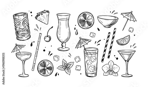 Hand-drawn tropical cocktail elements with tiki masks and fruits