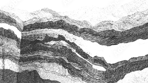 Black and white abstract landscape with layered textures and stippling resembling geological strata pattern