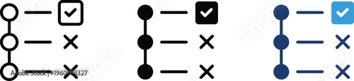 Checklist progress icons in outline and solid styles, task management list with check and cross marks, productivity workflow vector set