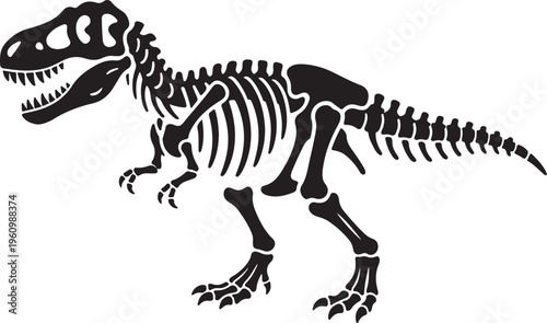 T-rex dinosaur skeleton, black and white illustration for paleontology, science, and prehistoric themes, t rex