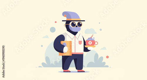 Cartoon character in hat and glasses holding a book and a colorful drink