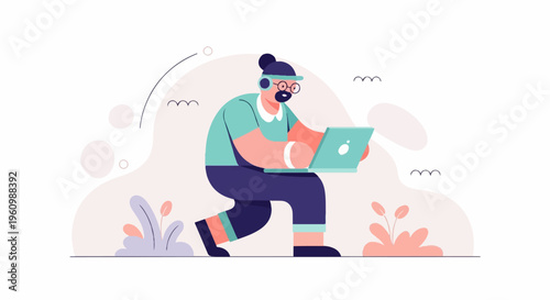 Cartoon character with headphones working on a laptop in a minimalistic setting