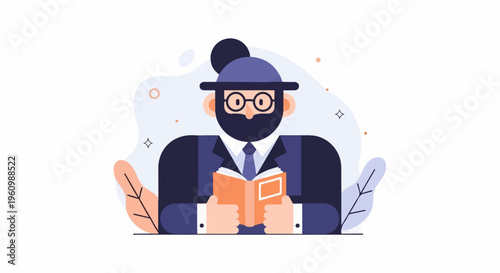 Cartoon man in glasses and hat reading an open book