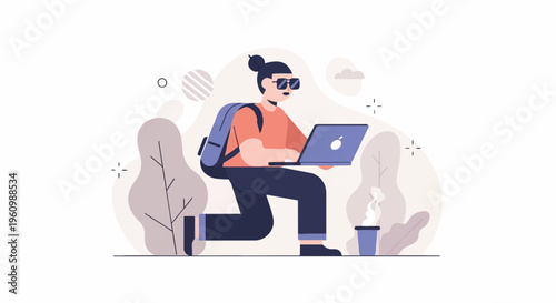 Stylized person with backpack and laptop outdoors, near plants