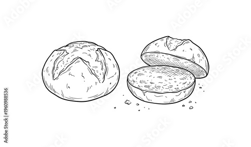 Hand-drawn rustic bread illustration with cracked crust and sliced half