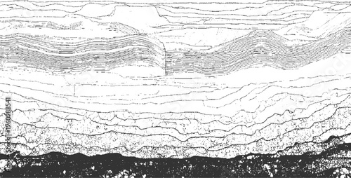 Abstract black and white layered geological strata with textured patterns and wavy lines monochrome