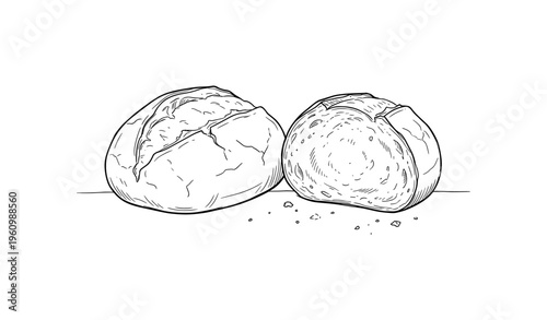 Black and white illustration of sliced round artisan bread