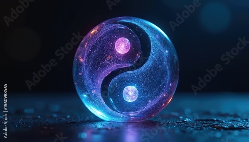 Cosmic yin yang symbol glows in blue and purple light inside glass sphere. Represents balance and harmony in universe. Abstract dualism concept.