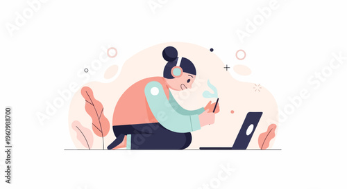 Character with headphones on laptop, holding a smoking phone, looking stressed