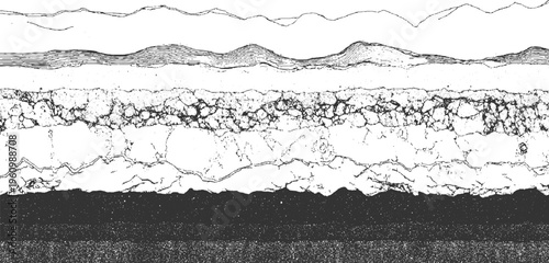 Black and white abstract geological strata layers with textured and linear patterns