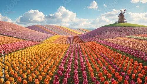 Vibrant Tulip Fields with Windmill Under Bright Sky in Spring