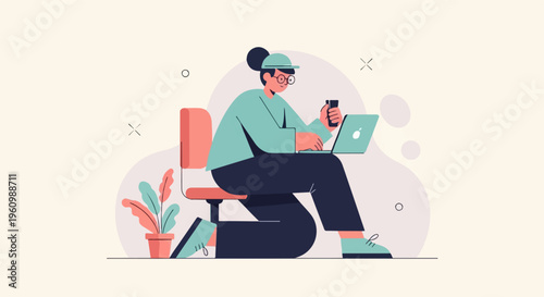 Woman in a cap and glasses using a laptop and phone while sitting