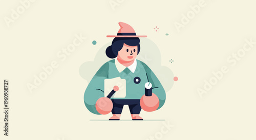 Cheerful character in a pointed hat holds documents and a stopwatch