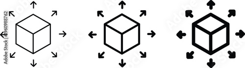 Isometric cube expansion icons with outward arrows, 3D box scaling and distribution symbols, black line vector set for logistics and shipping
