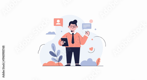 Cheerful person in business attire holding tablet, conveying ideas, and receiving messages
