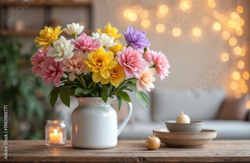 Vase of colorful dahlias and freesia flowers sits on wood table. Lit candle glows nearby. Soft bokeh lights form background. Gentle home decor arrangement.
