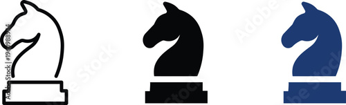Minimalist chess knight icon set, professional strategy and leadership symbols, black and blue horse chess piece vector illustrations for business branding