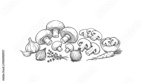 Hand-drawn vegetables and mushrooms illustration with garlic, onion, and carrot