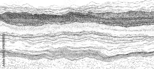 Black and white cross section of geological strata with wavy lines and granular textures abstract background