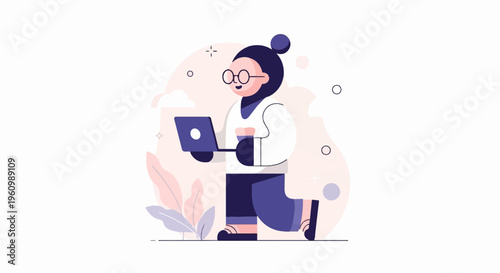 Illustration of a person in hijab with glasses using a laptop outdoors