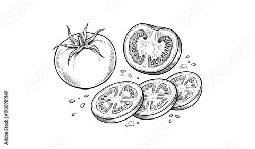 Hand-drawn tomato and slices illustration in black and white
