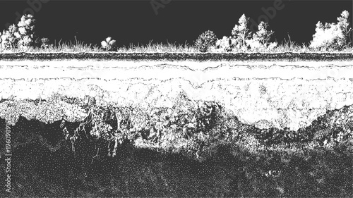 Cross section of earth showing soil layers grass and trees against dark background