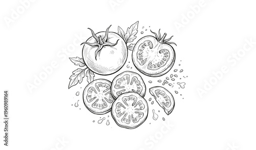 Hand-drawn tomato illustration with sliced and whole tomatoes