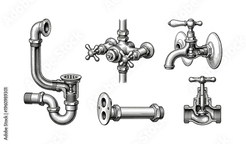 Vintage metal plumbing fixtures and pipes collection with cross handles