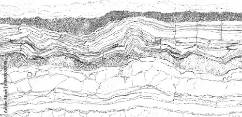 Black and white of geological strata showing layers of rock and sediment with a textured appearance geology