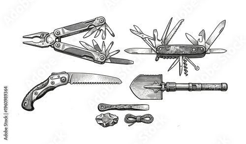 Variety of multi-tools and survival gear displayed in detailed illustration