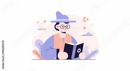 Person in a hat and glasses reads a book surrounded by abstract shapes and plants