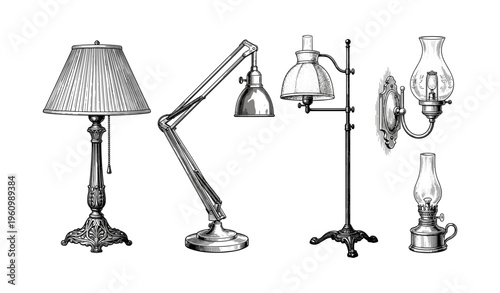 Vintage and modern lamps collection featuring desk, table, and wall designs