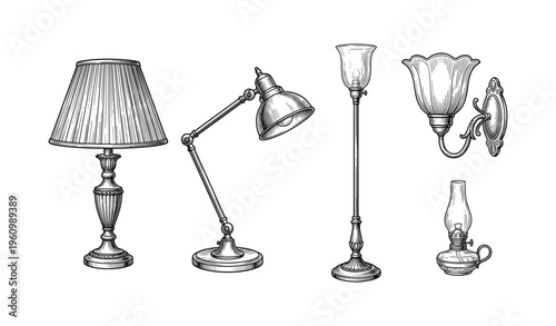 Vintage and modern lamp designs: desk, floor, wall, oil lamps in sketch style
