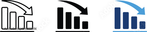 Declining business bar chart icons with downward arrow, financial loss and recession graph symbols, set of 3 vector elements for analytics