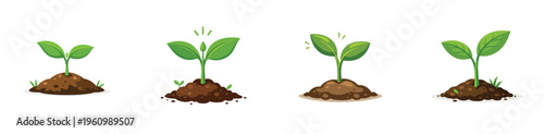 Small shoot vectors start to grow from the ground. Vector, flat, illustration, minimalist, icon, icon set