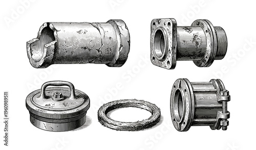 Antique metal pipe fittings and components - flanges, connectors, gaskets, caps