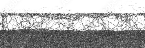 Black granular texture below a complex network of thin dark lines on white background abstract