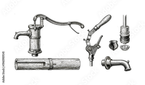Vintage hand water pump and components - detailed diagram of mechanical parts