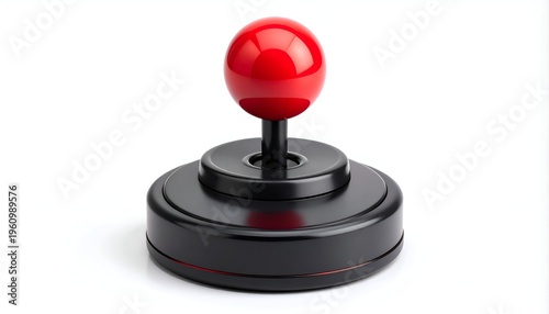 Close-up of a classic arcade joystick with a red ball.