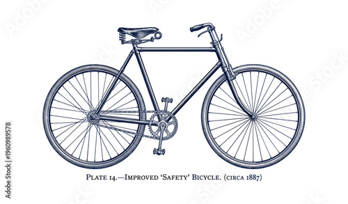 Vintage 1887 improved safety bicycle illustration with detailed design