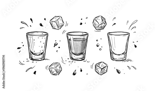 Sketch of three shot glasses with ice cubes and splash effects in motion