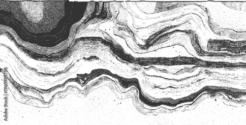 Black and white abstract representation of layered geological strata with stippling and line work monochrome