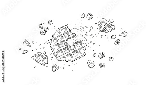 Hand-drawn broken waffles with berries and crunchy crumbs