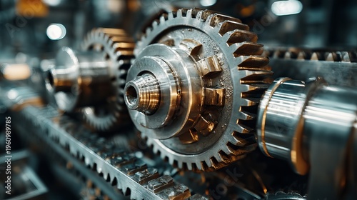A close-up view of interlocking gears in a complex mechanical system with a blurred industrial background.