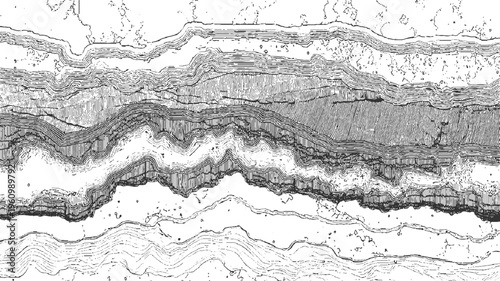 Detailed black and white cross section of geological strata showing folded rock layers and sedimentary deposits