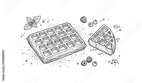 Hand-drawn waffle illustration with berries and mint leaves