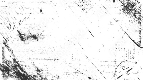 Black ink scribbles and smudges on aged white paper with faint handwritten text abstract background