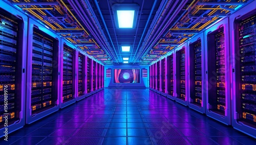 Vibrant Data Center with Colorful Lights and Modern Technology